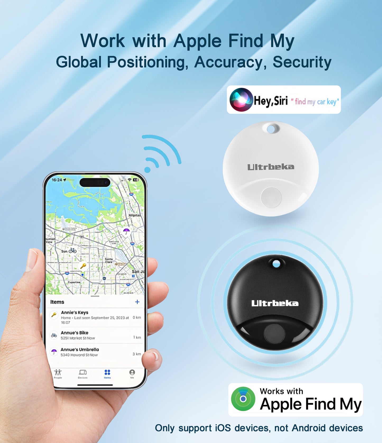 Ultrbeka Air Tags 1 Pack Work for Apple Find My - Black